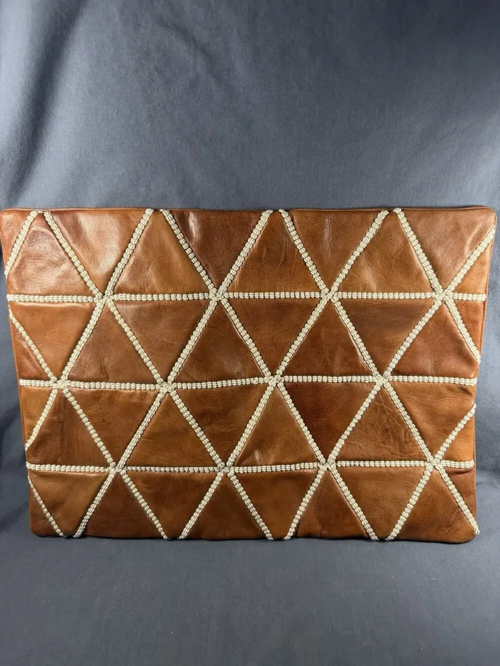 Vintage Leather Pillow Cover 14x20 Brown With White Stitching